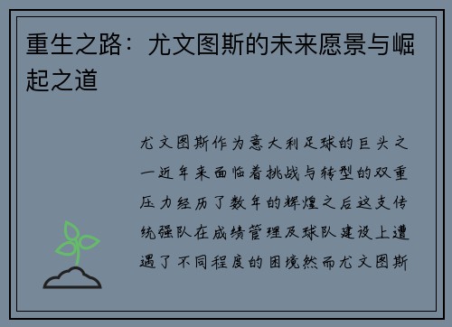 重生之路:尤文图斯的未来愿景与崛起之道 重生之路:尤文图斯的未来愿景与崛起之道