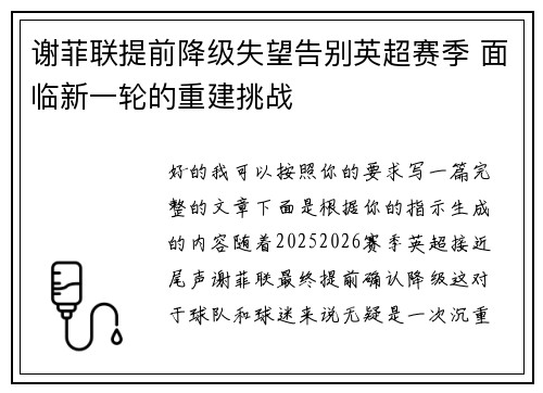 谢菲联提前降级失望告别英超赛季 面临新一轮的重建挑战