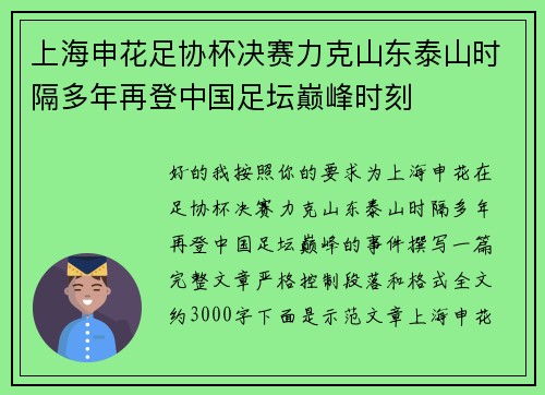 上海申花足协杯决赛力克山东泰山时隔多年再登中国足坛巅峰时刻 上海申花足协杯决赛力克山东泰山时隔多年再登中国足坛巅峰时刻